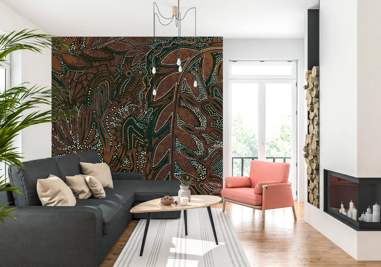 Indigenous Forest wall mural behind a dark grey sectional and coral armchair by a fireplace