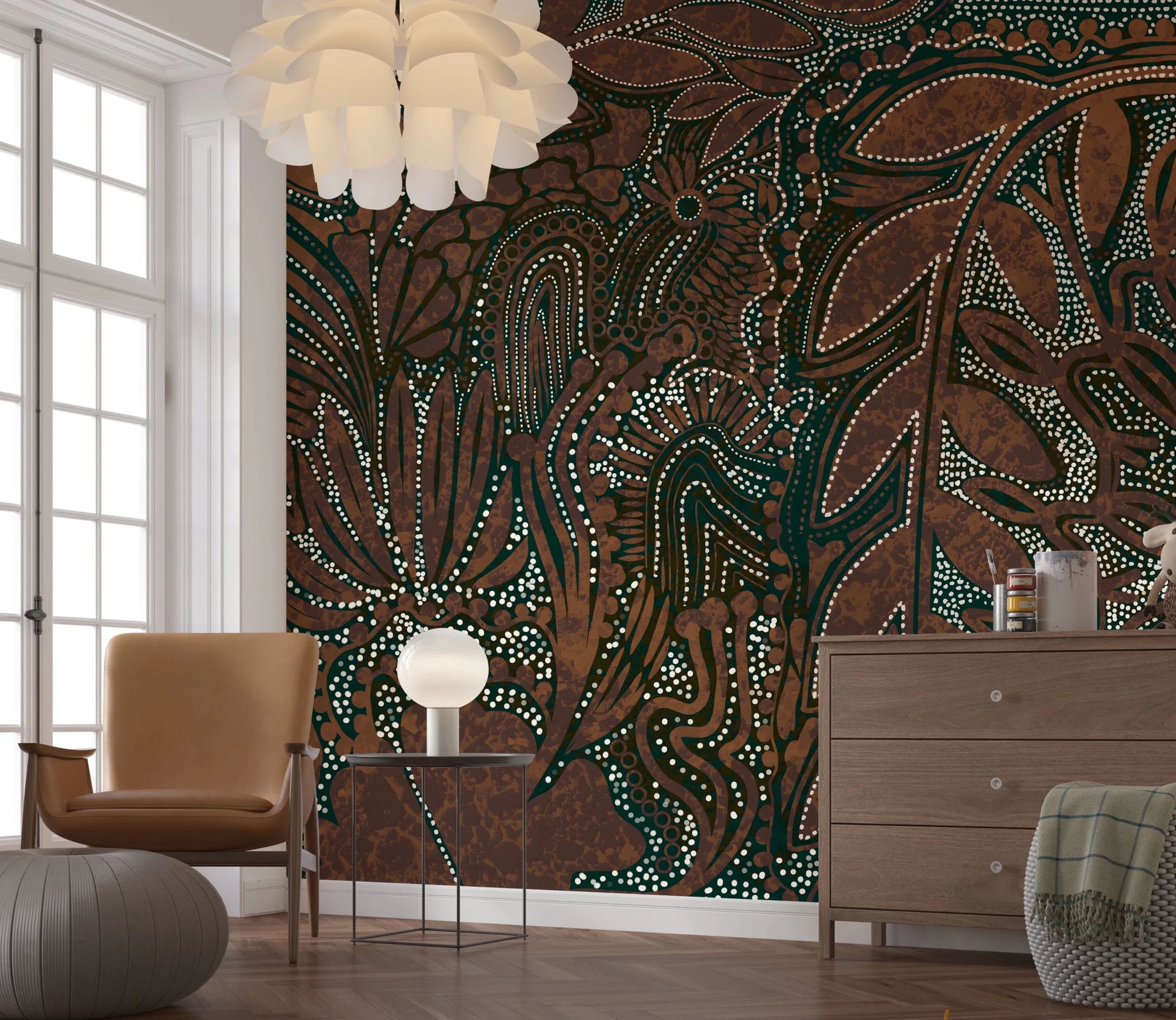 Indigenous Forest wall mural behind a tan leather chair and wood dresser in a living room