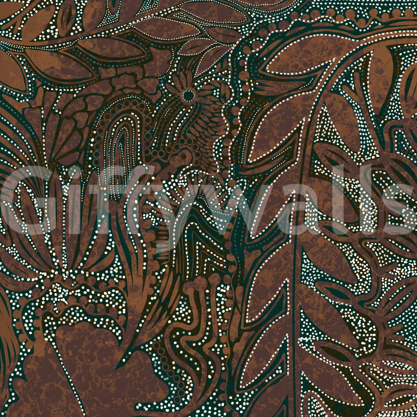 Indigenous Forest wall mural close-up showing the brown, teal and white dot-art botanical pattern