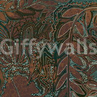 Indigenous Forest wall mural close-up showing the brown, teal and white dot-art botanical pattern