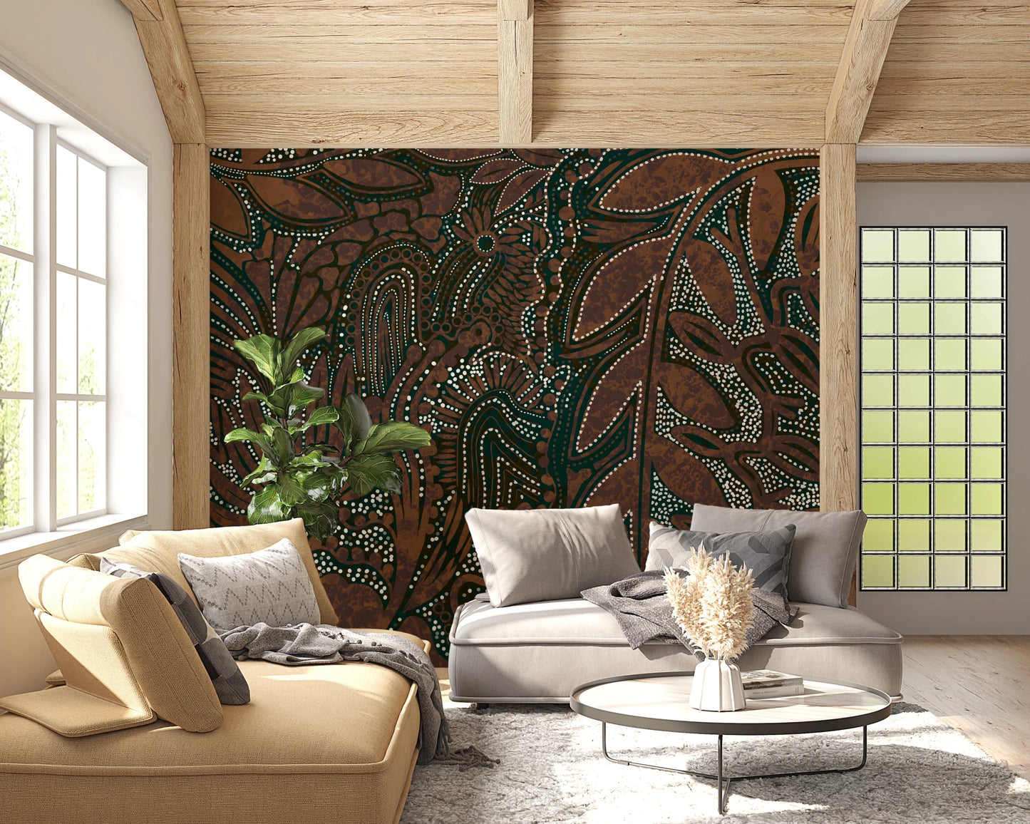 Indigenous Forest wall mural behind a mustard sofa and grey sectional under a wood-beam ceiling