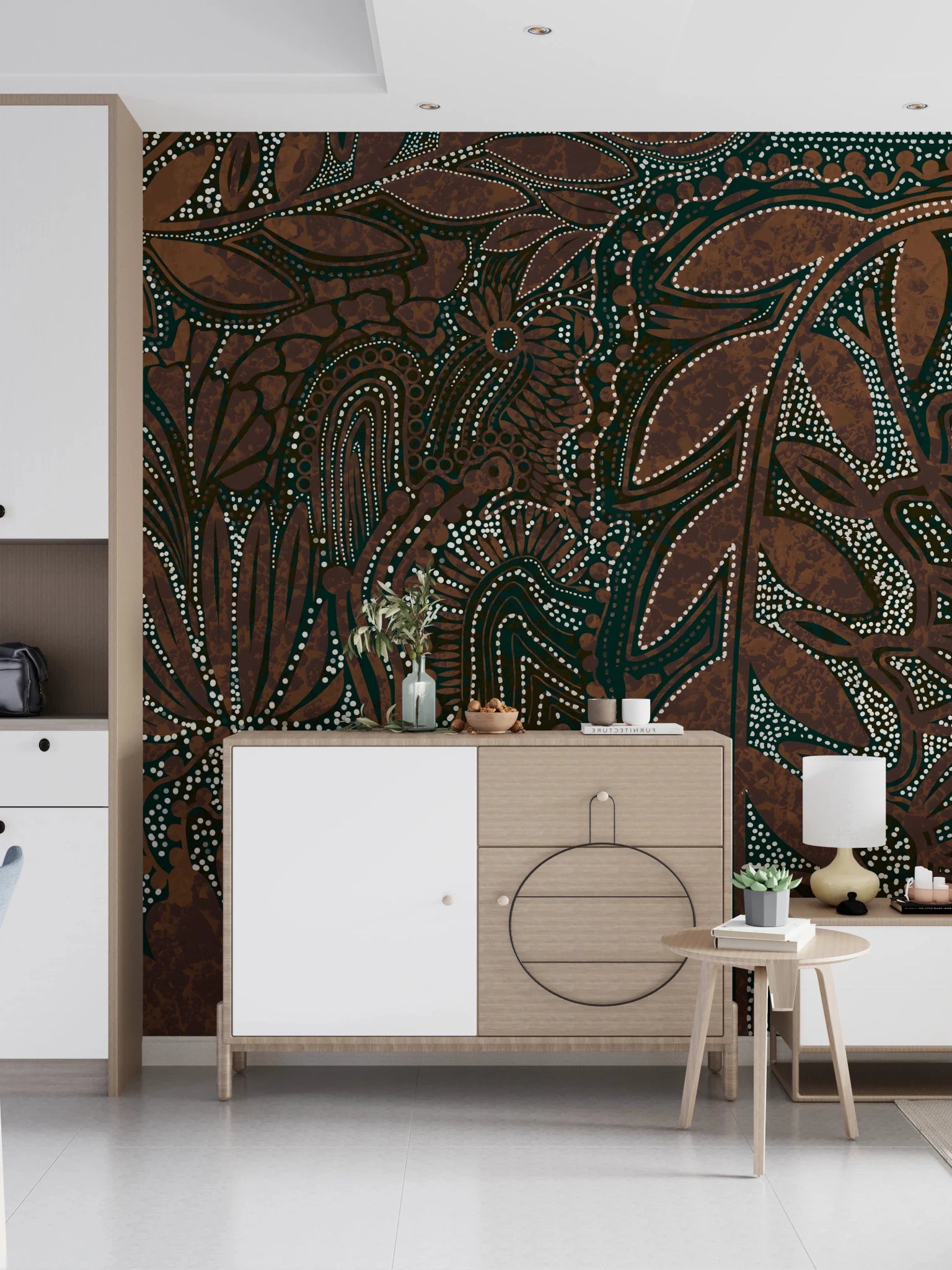 Indigenous Forest wall mural with teal and brown dot botanicals behind a light wood sideboard in an entryway