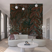 Indigenous Forest wall mural behind a cream curved sofa and classical bust in a bright living room
