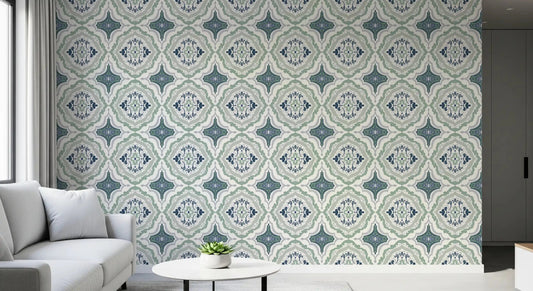 Indigo Bloom Tiles Wallpaper featuring dark blue botanical motifs for hallway 