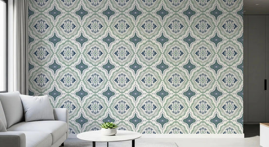 Indigo Bloom Tiles Wallpaper featuring dark blue botanical motifs for hallway 