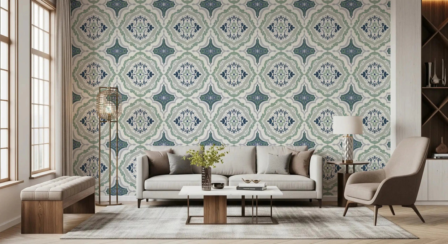 Indigo Bloom Tiles Wallpaper with a matte finish texture for a living room 