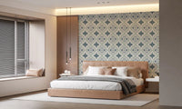 Indigo Bloom Tiles Wallpaper in a modern bedroom style.