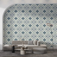 Indigo Bloom Tiles wall mural with a classic tile layout