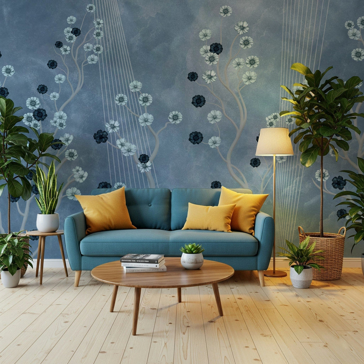 Indigo bloom mural in hallway, cool colour pattern and depth