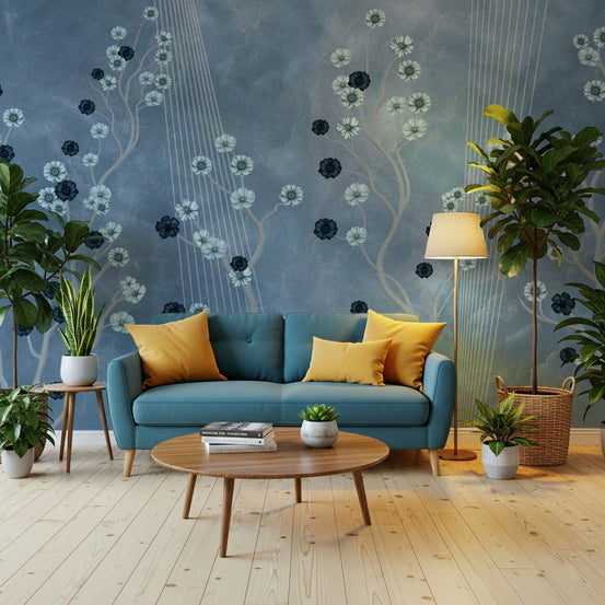 Indigo bloom mural in hallway, cool colour pattern and depth