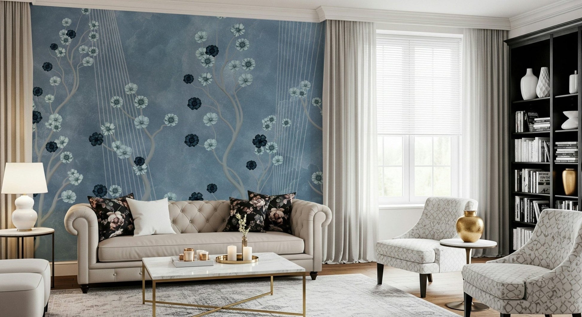 Dining area feature wall with indigo blooms, cool colour tones