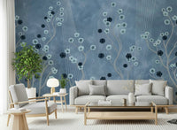 Indigo floral mural behind bed, modern bedroom styling