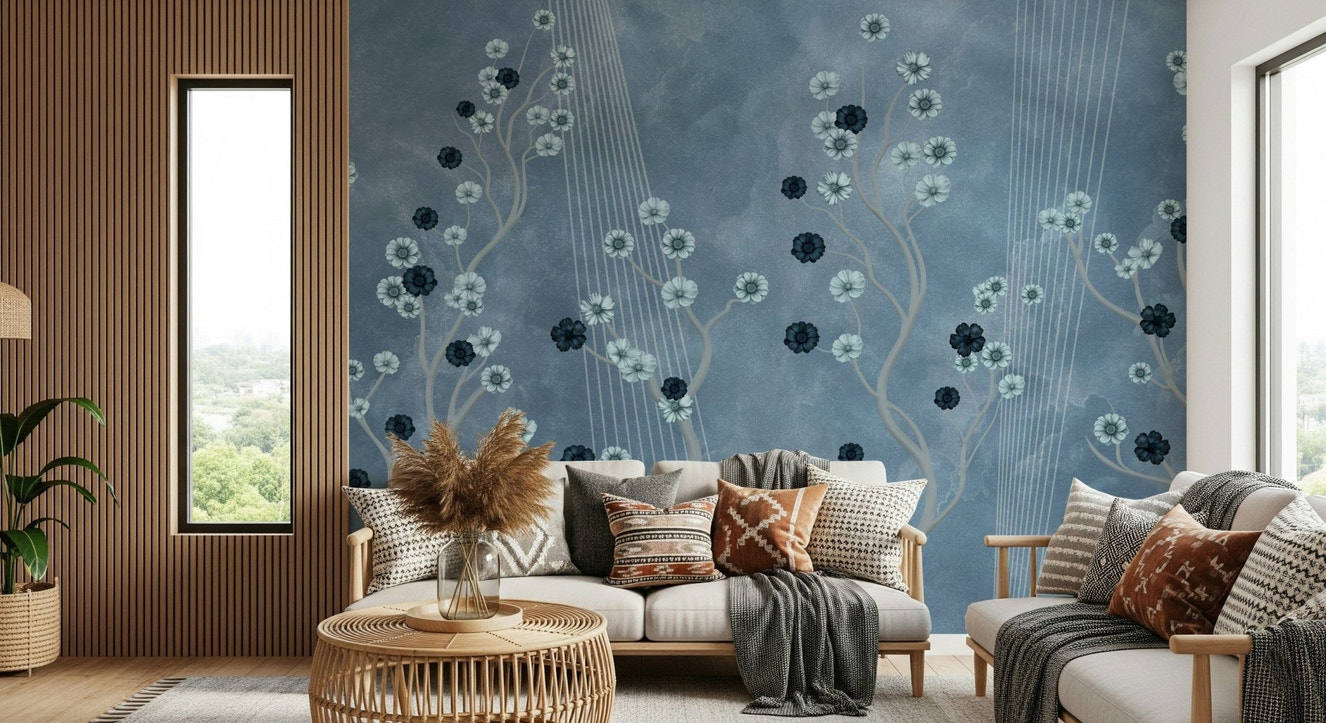 Indigo floral mural in living room, modern calm color palette