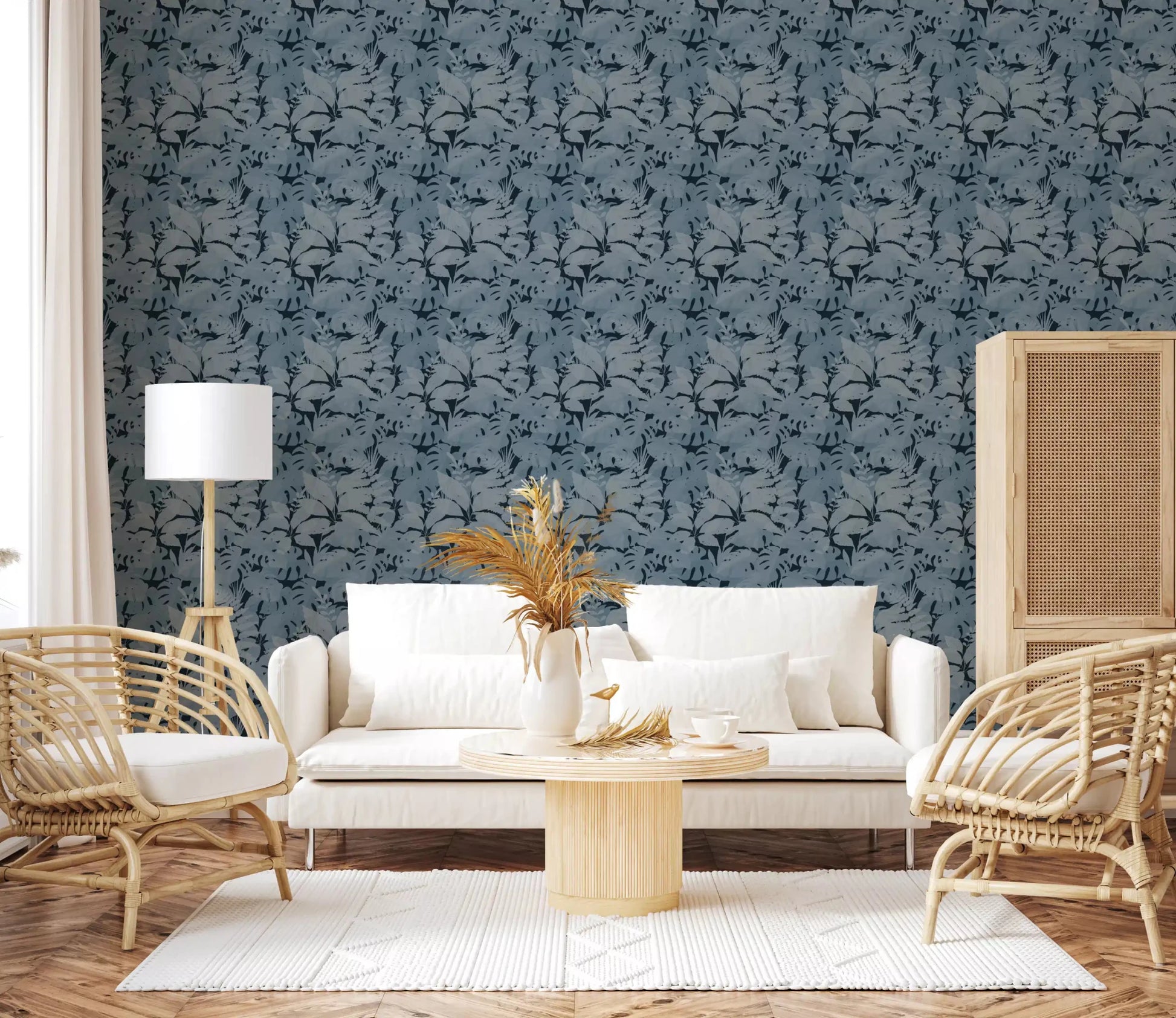 Tropical leaf wallpaper with indigo monstera and layered foliage