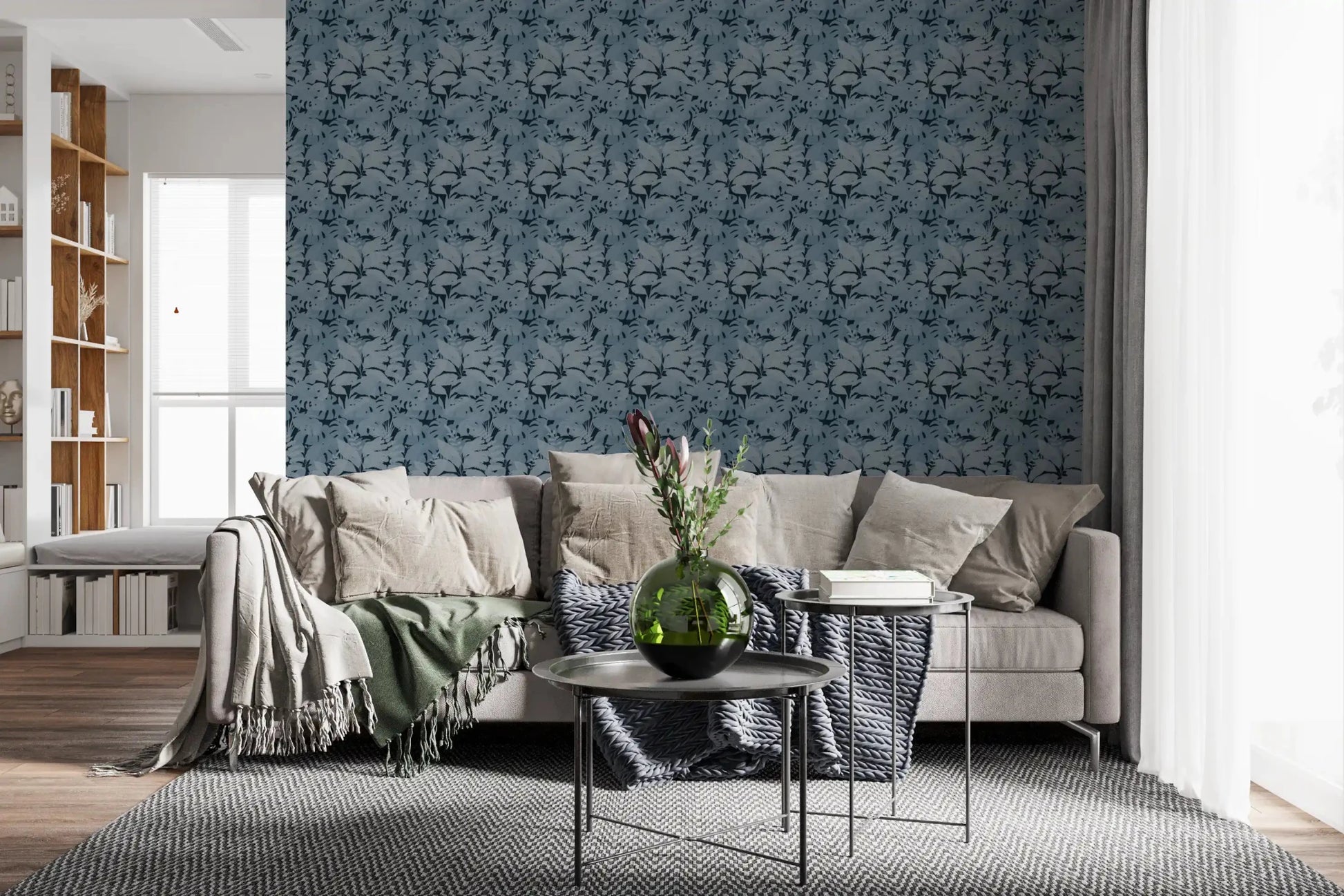 Indigo Botanical Monstera wallpaper showing dense leaf pattern