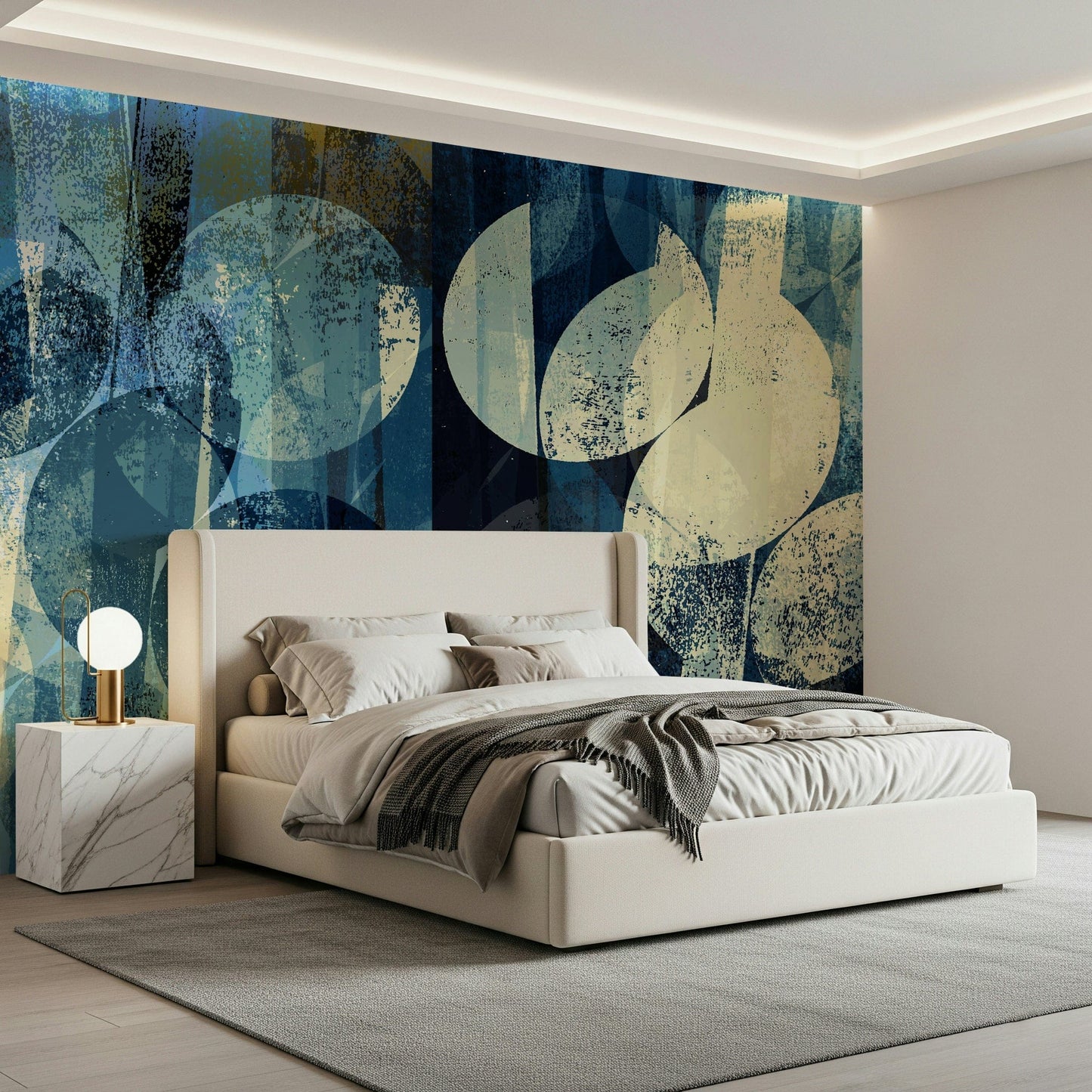 A beautiful abstract indigo wallpaper mural with subtle orbit-like shapes.