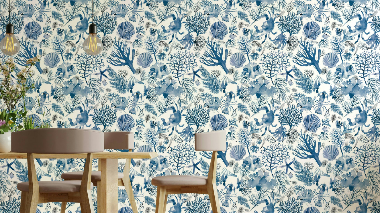 Indigo blue wallpaper with coral reef illustrations

