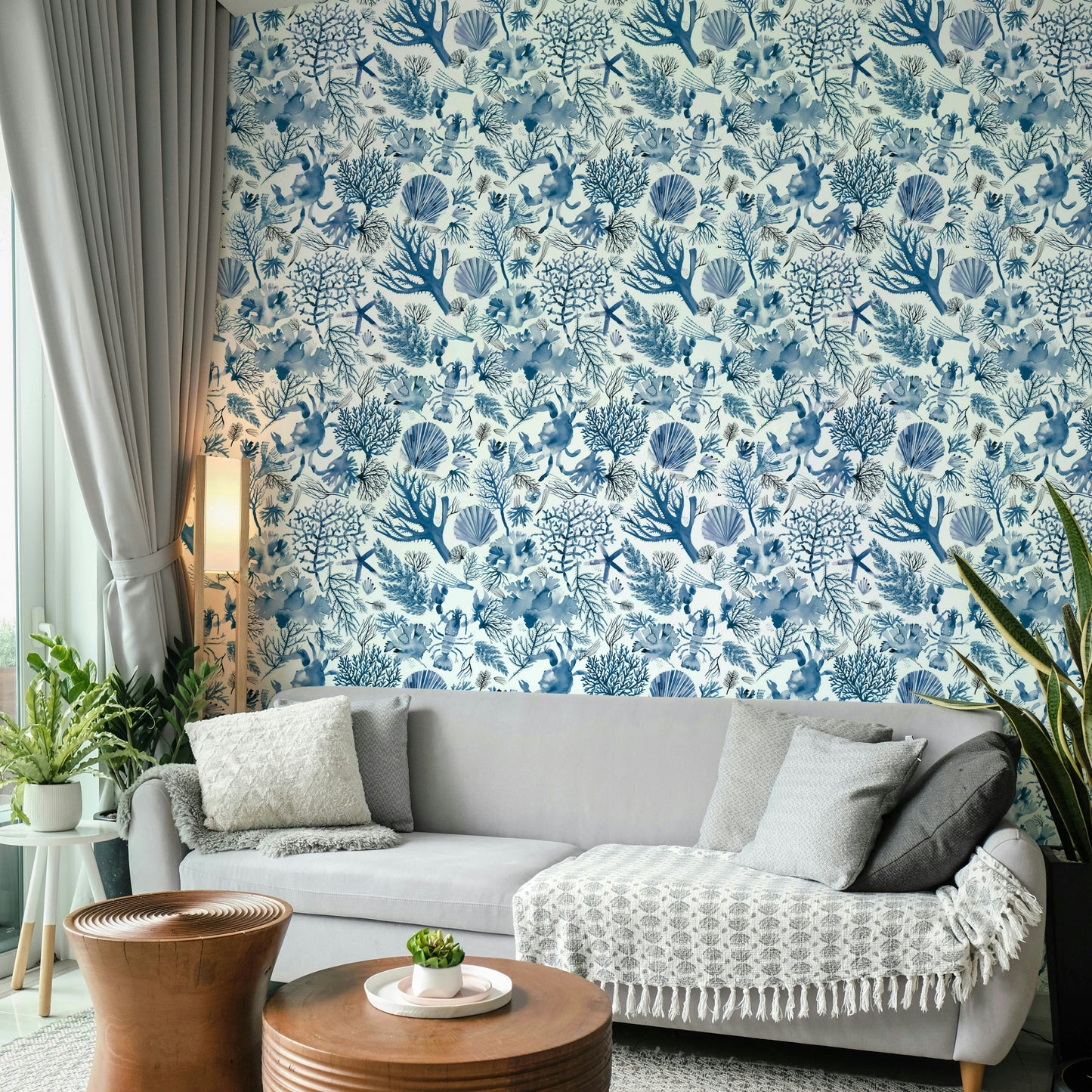 Nautical interior with blue coral reef wallpaper

