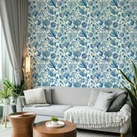 Nautical interior with blue coral reef wallpaper

