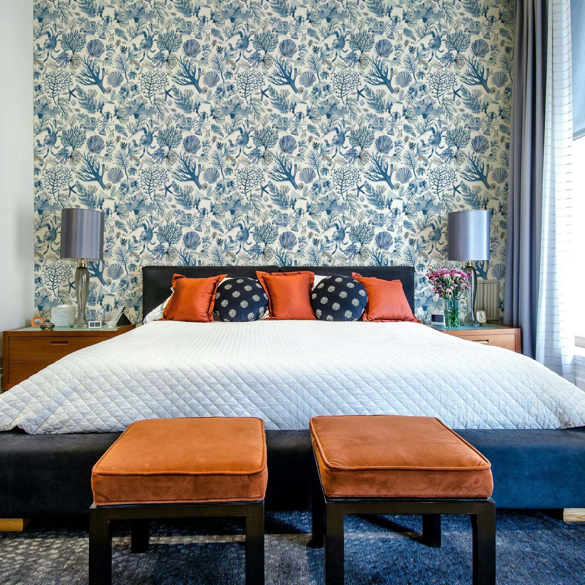 Elegant sea coral pattern on indigo wallpaper

