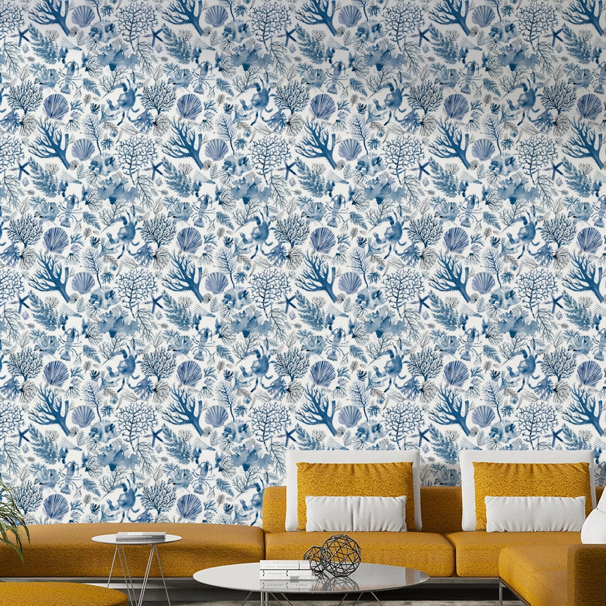 Marine-themed wallpaper with underwater plants

