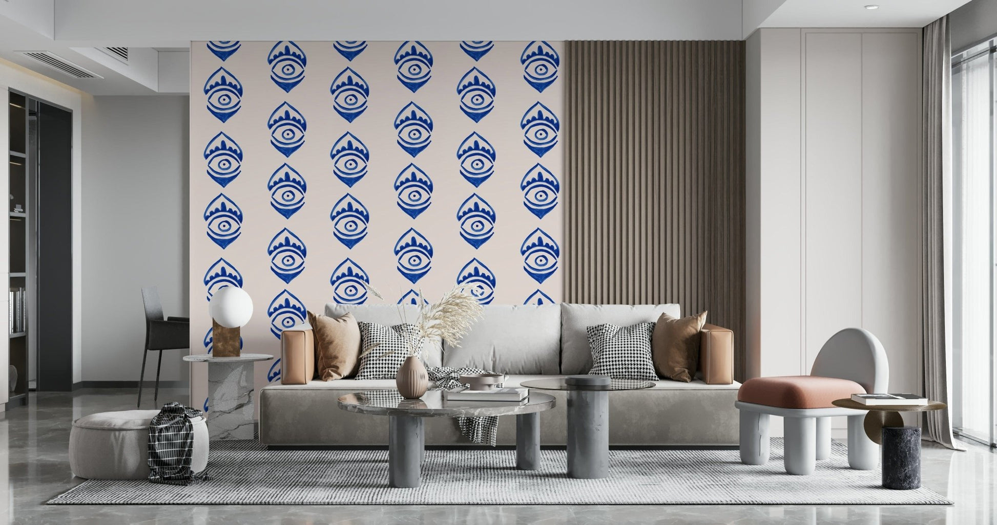 Mystical indigo eye design mural with repeating symbolic eye shapes.