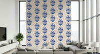Abstract indigo eye motif wallpaper creating a striking geometric pattern.