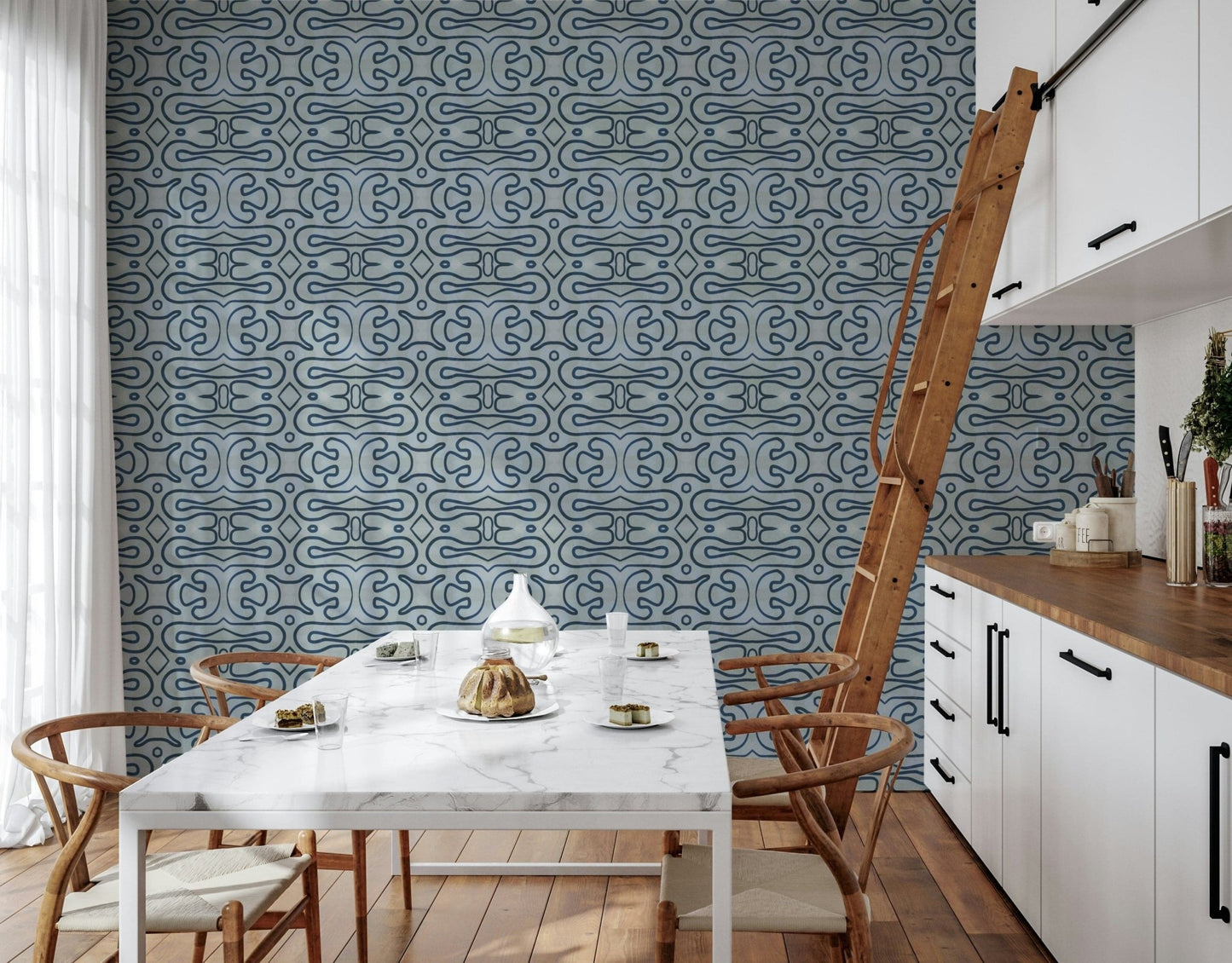 Sinuous navy curves define Indigo Flow peel and stick wallpaper.