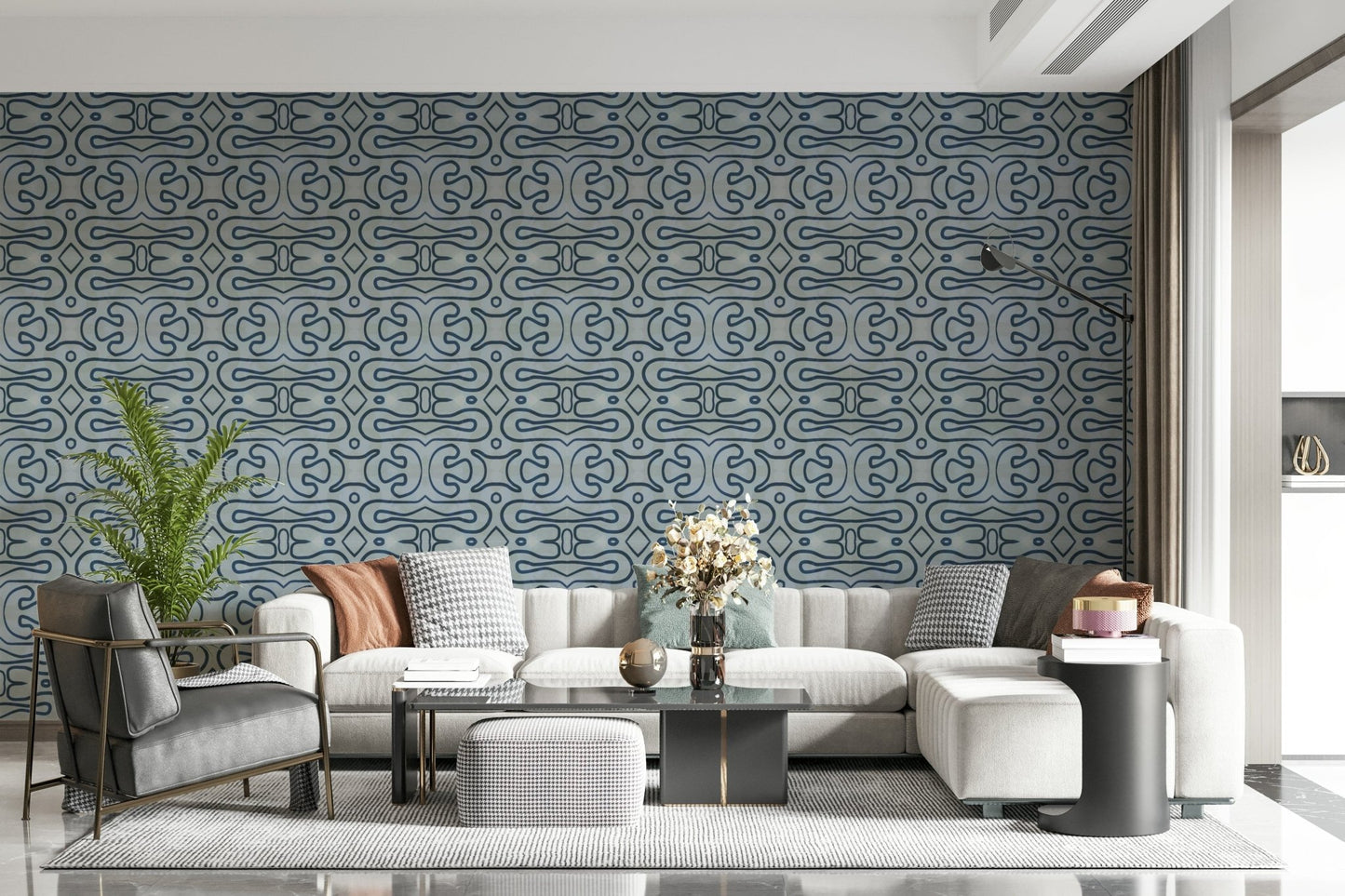 Indigo Flow peel and stick wallpaper with undulating sapphire paths.