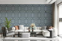 Indigo Flow peel and stick wallpaper with undulating sapphire paths.