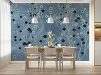 Indigo blooms mural on dining feature wall, muted modern colours
