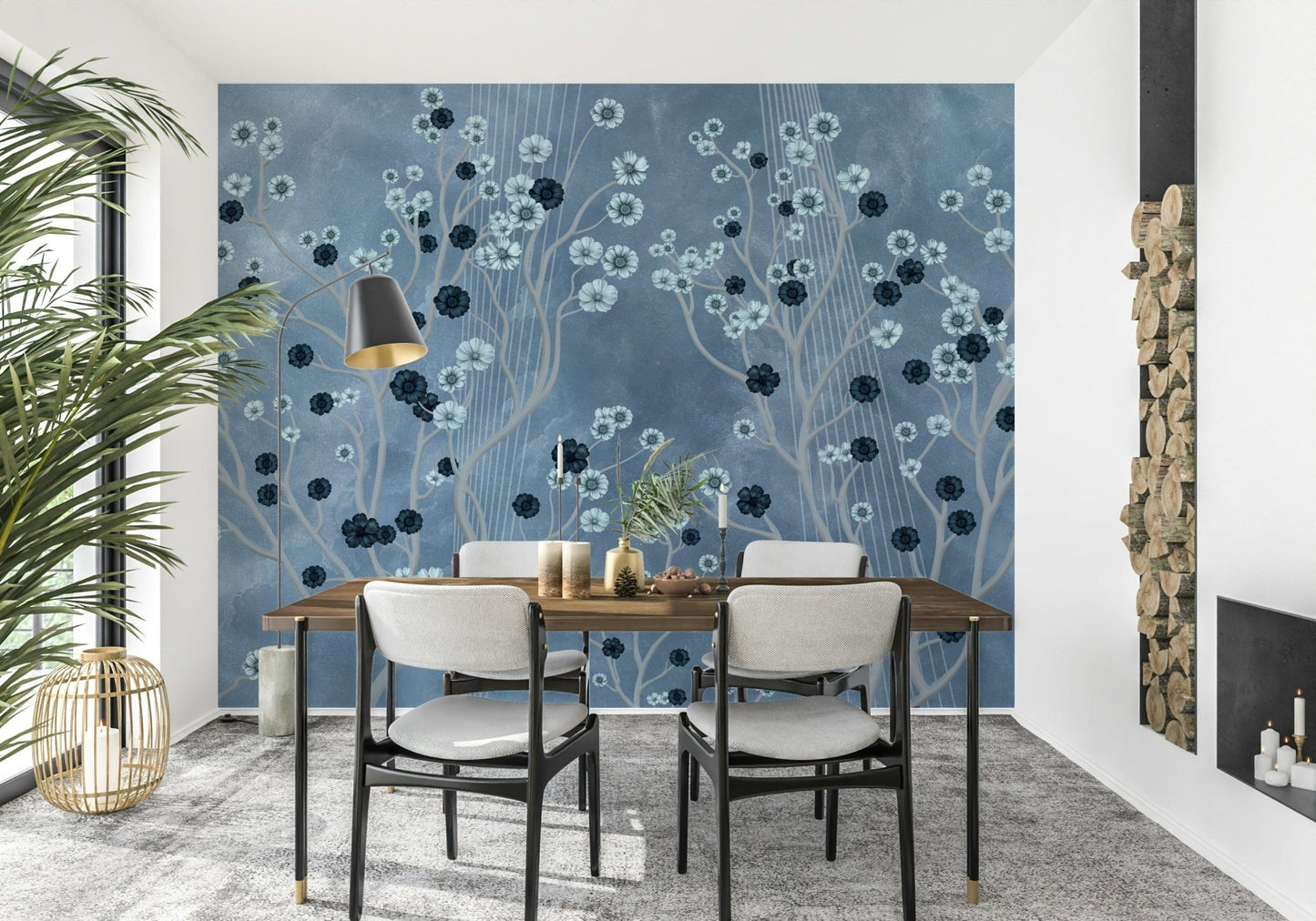 Indigo floral canopy mural in bedroom, soft colour and detail