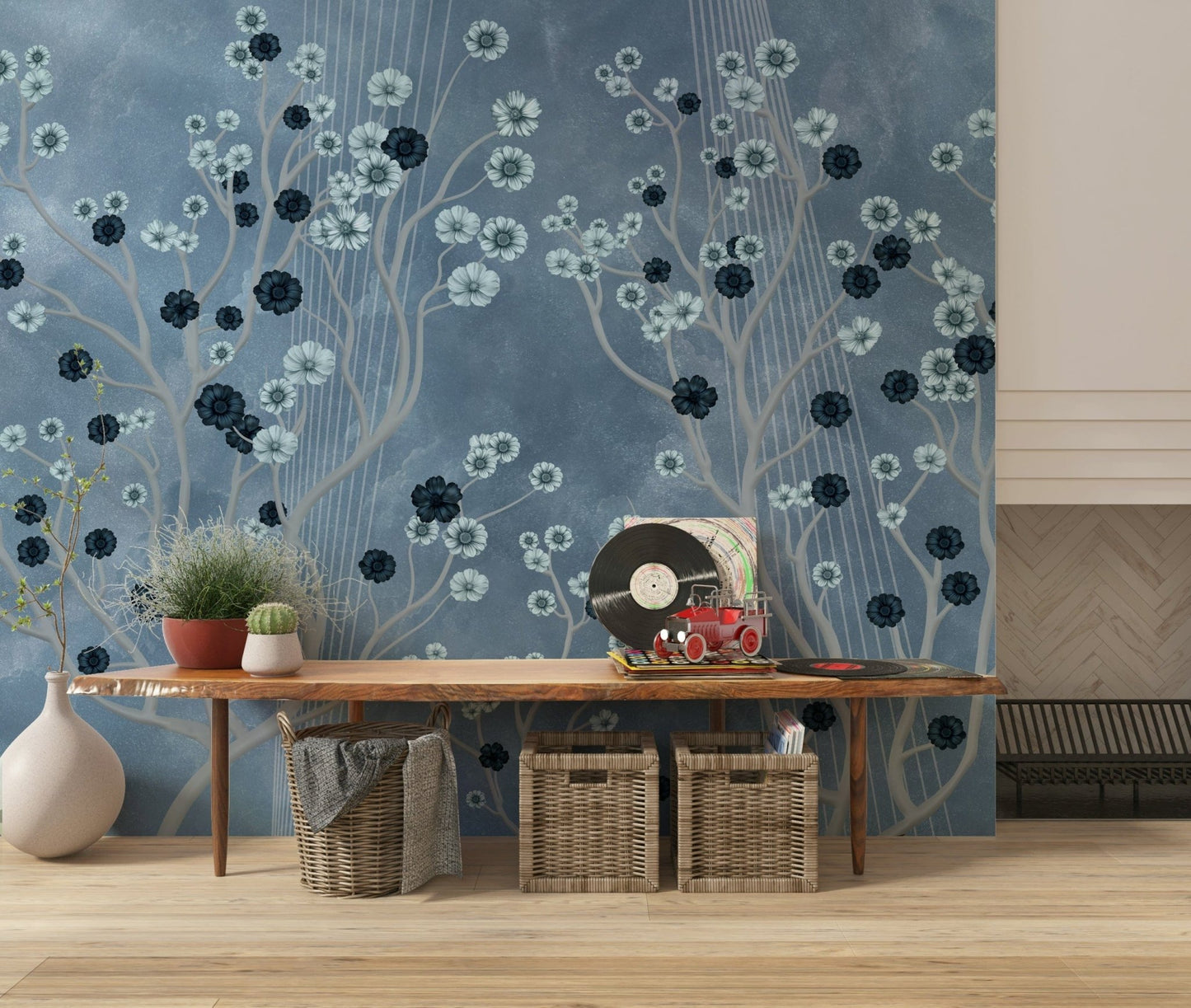 Indigo flower canopy mural in living room, calm modern colour