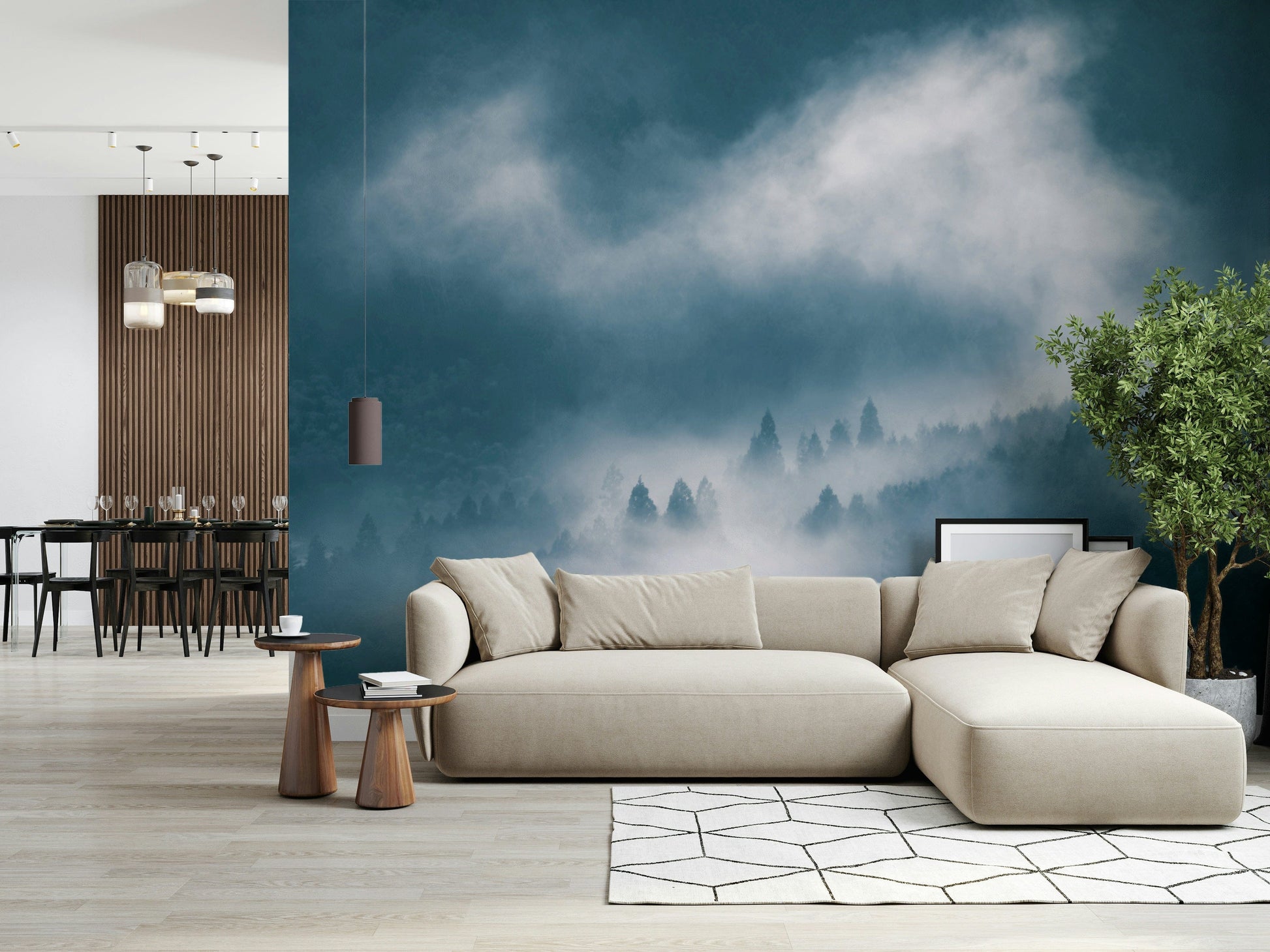 Mesmerizing fog over dusky pines, Indigo Woodland Sentinel mural.