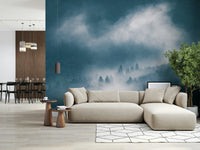 Mesmerizing fog over dusky pines, Indigo Woodland Sentinel mural.