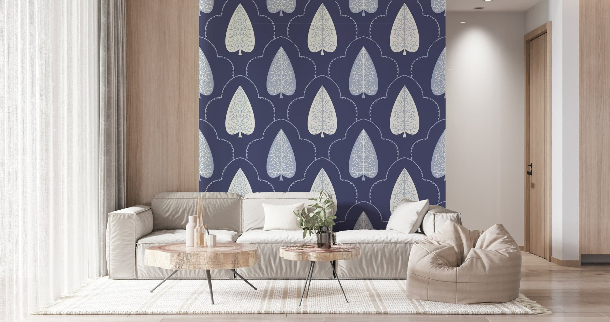 Wide perspective showing Indigo Grove Botanical Echoes Wallpaper unique design.