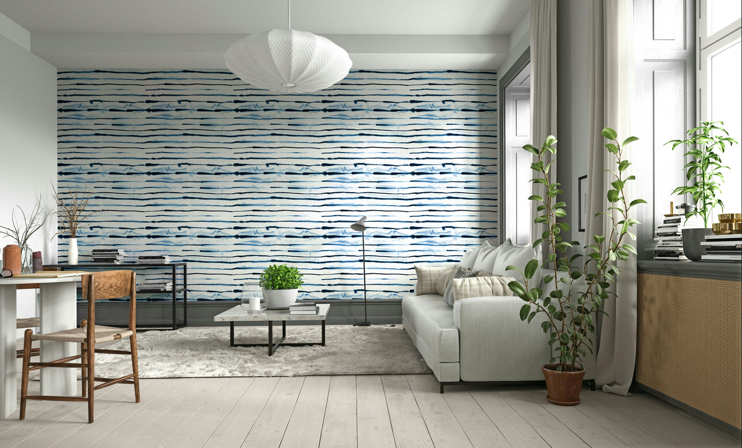 Scandinavian indigo wallpaper with ink stripes

