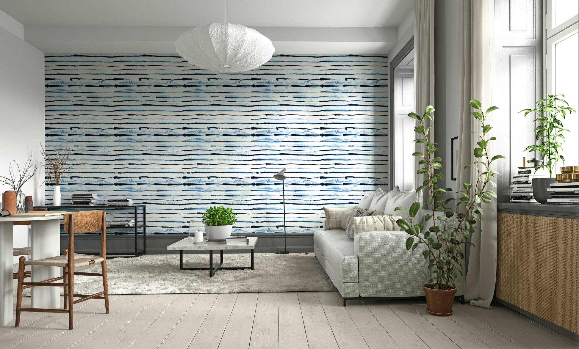 Scandinavian indigo wallpaper with ink stripes

