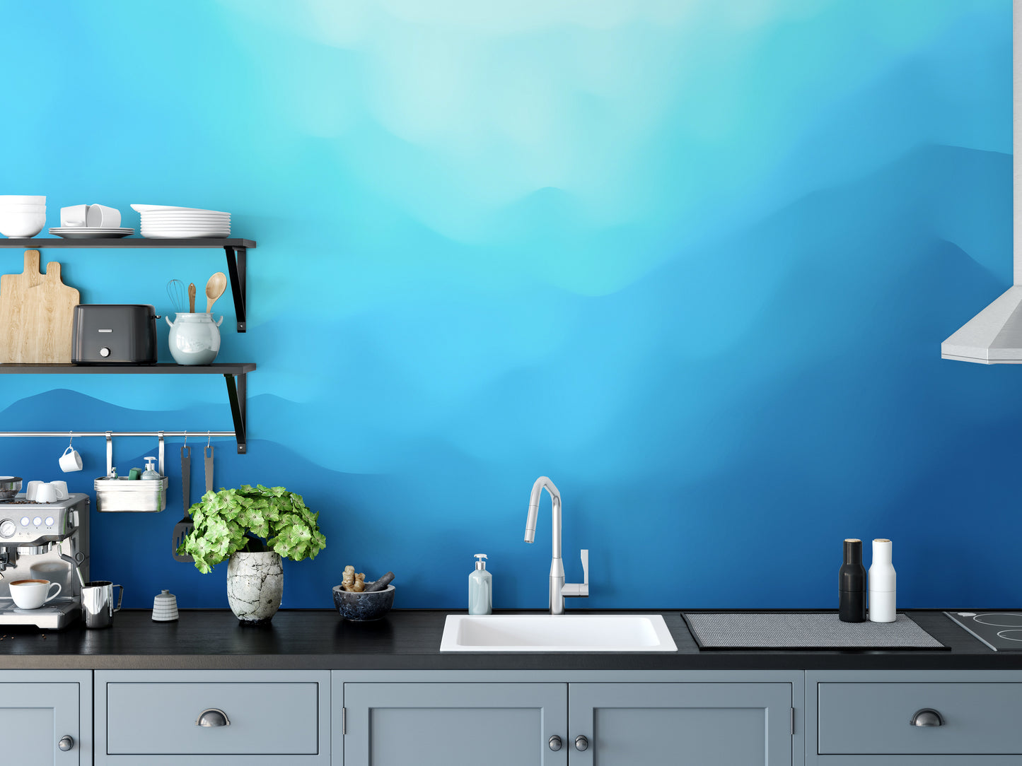 Indigo landscape wallpaper mural styled as a feature wall behind a dining table and chairs in blue tones