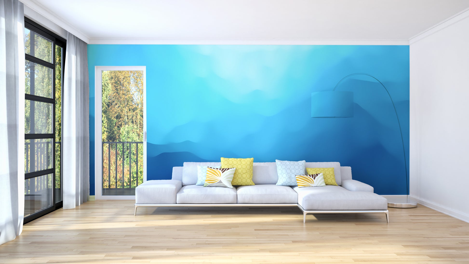 Indigo landscape wallpaper mural as a bedroom feature wall behind the headboard in blue tones