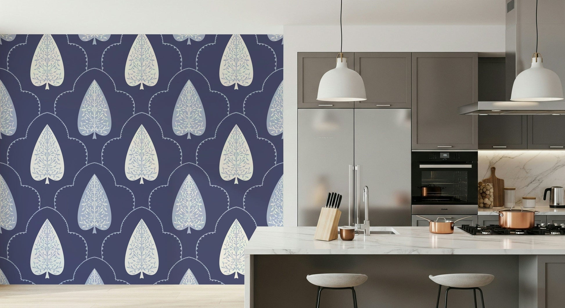 Monochromatic blue hues for Indigo Grove Botanical Echoes Wallpaper cozy wallpaper.