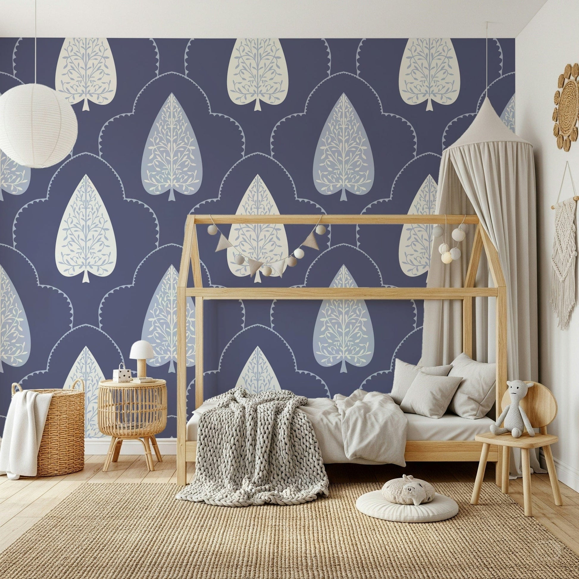 Feminine periwinkle filigree within Indigo Grove Botanical Echoes Wallpaper leaf.