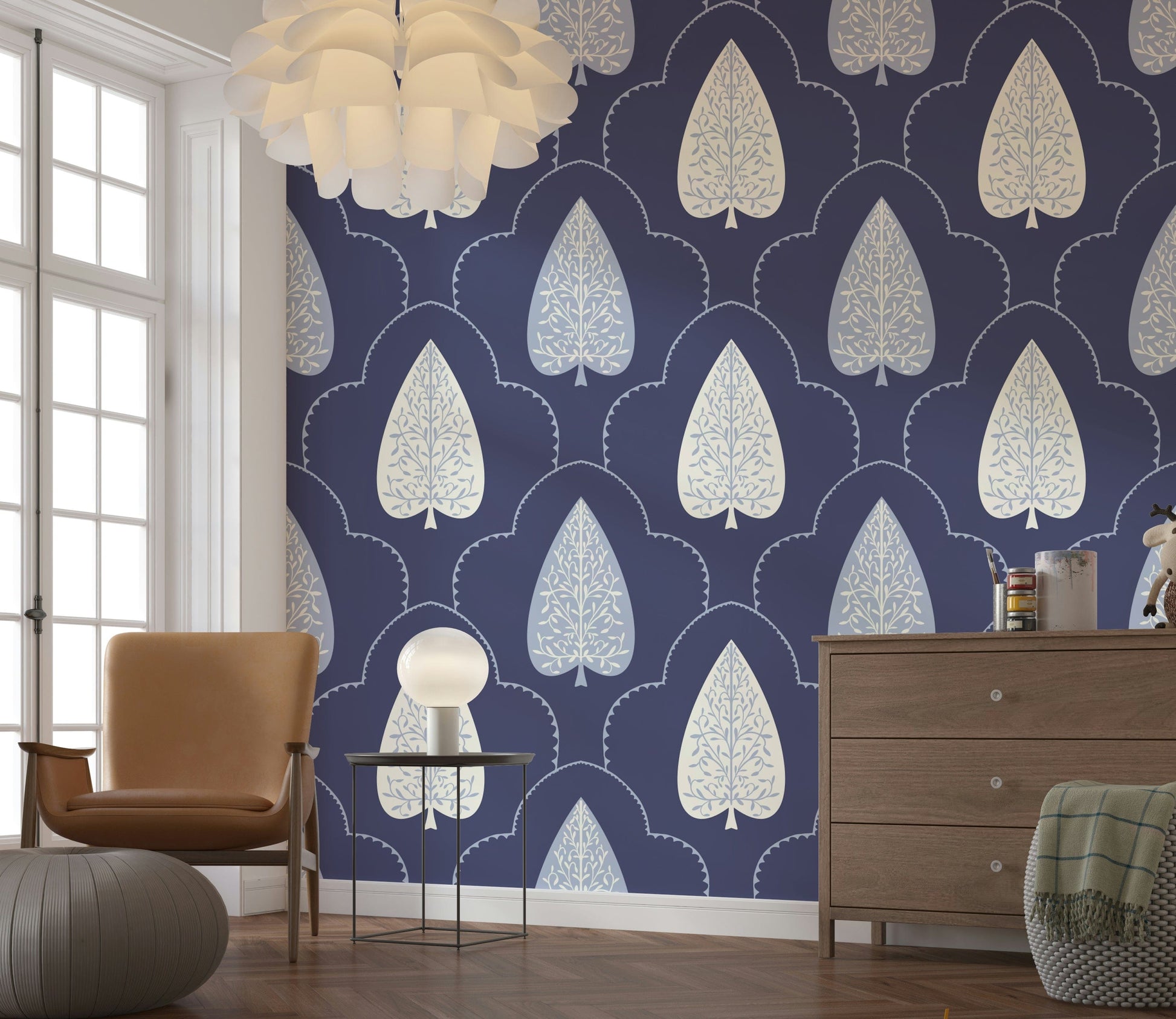 Scalloped frame design in Indigo Grove Botanical Echoes Wallpaper print.