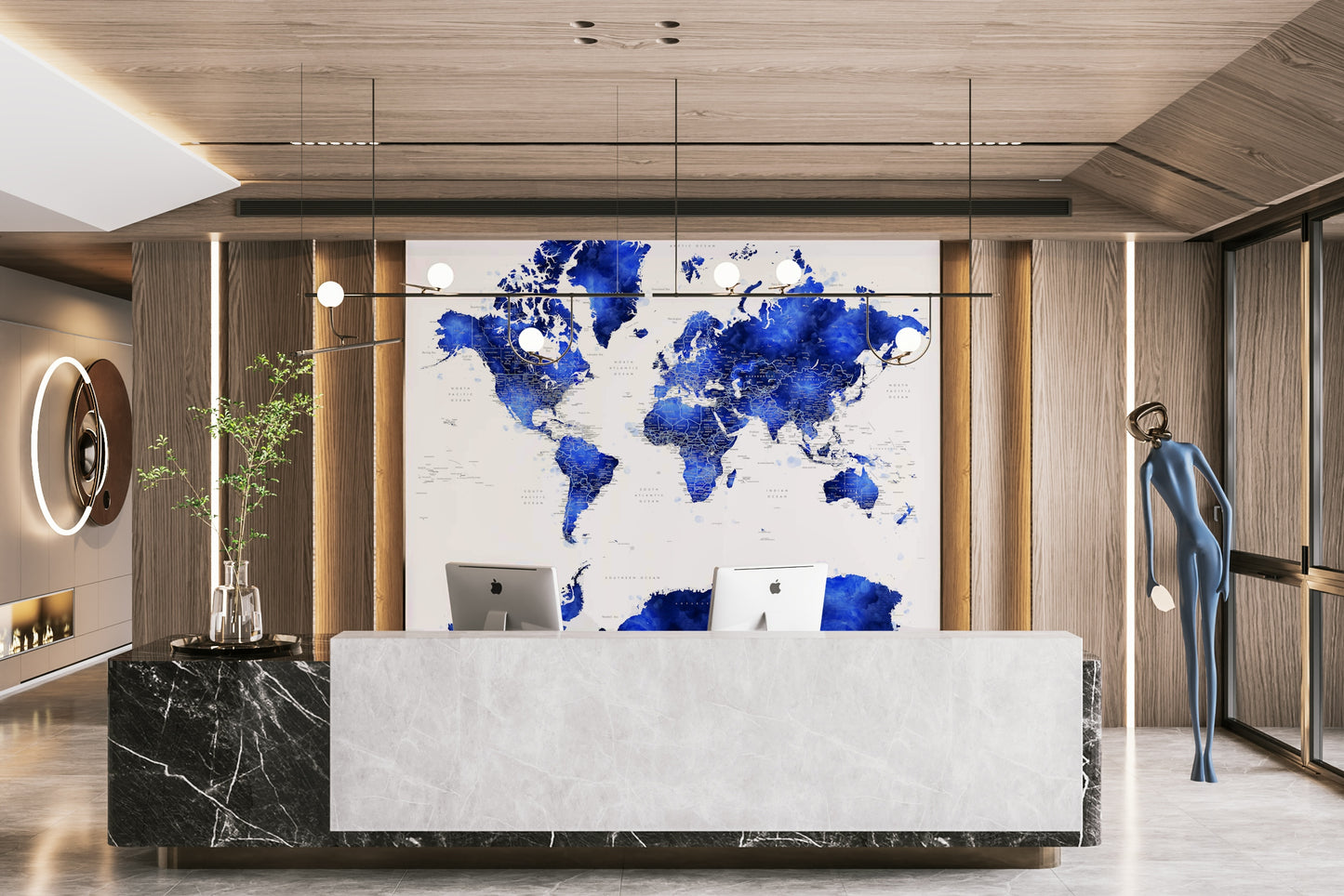Bold indigo map mural with watercolor texture

