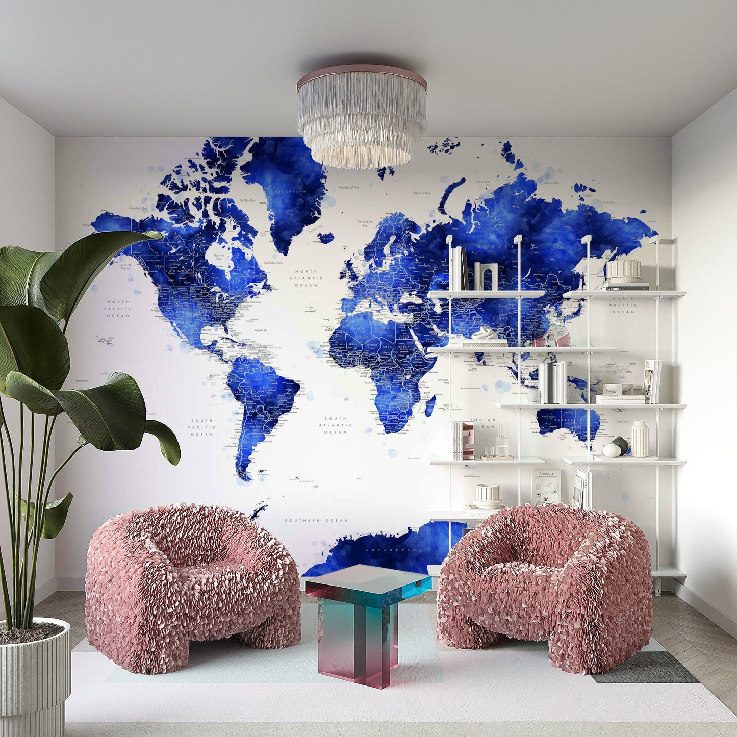Indigo watercolor world map wallpaper for walls

