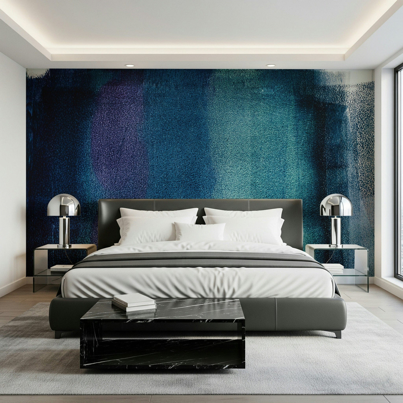 Elegant wall mural featuring textured indigo patterns with dreamy tones