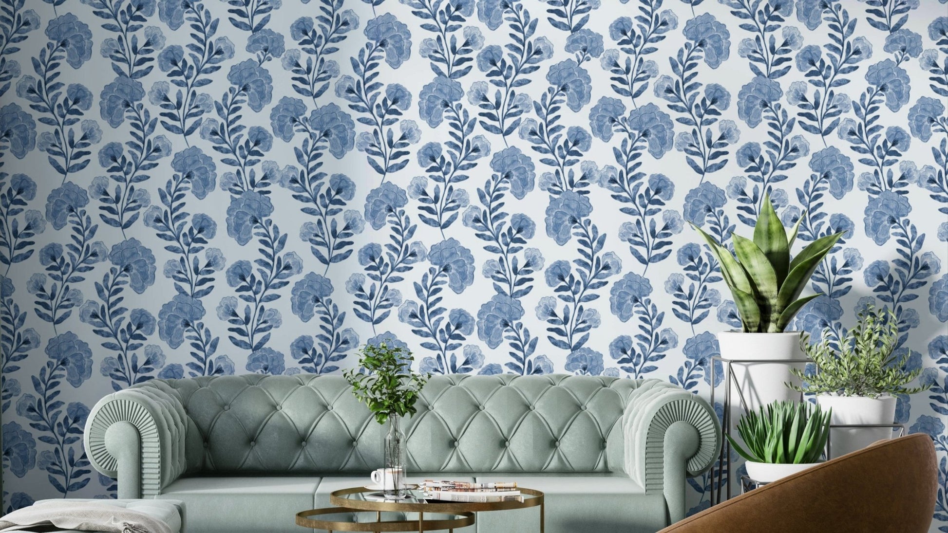 The colors are rich indigo blue and soft tones.

