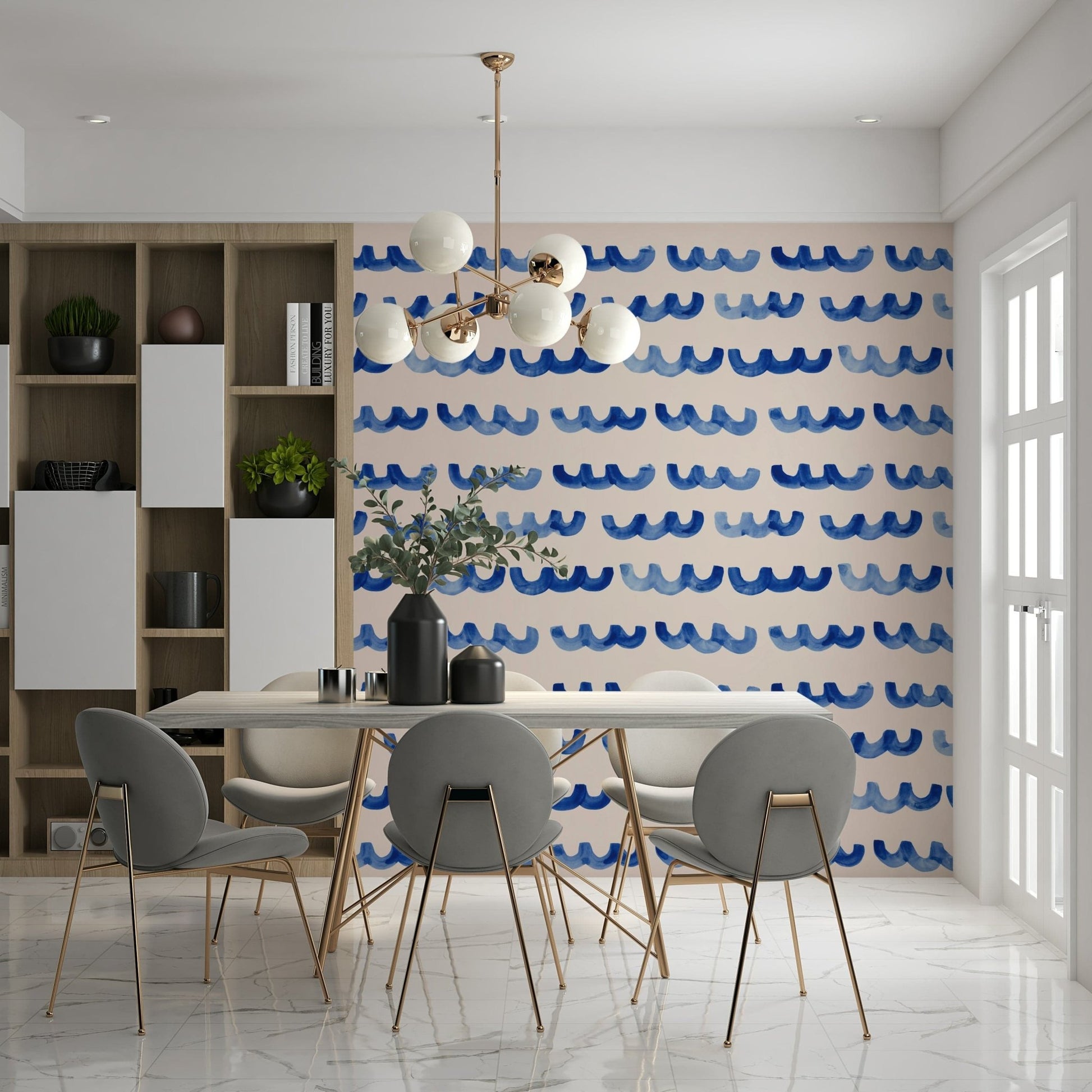 Hand-painted indigo waves forming an elegant, fluid wall pattern.