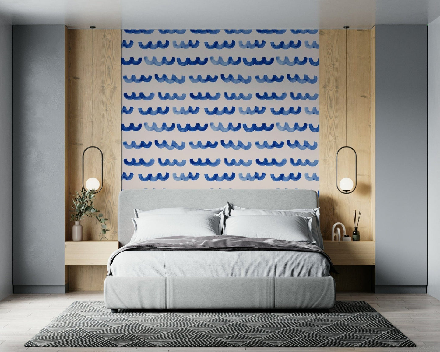 Indigo watercolor waves wallpaper featuring soft, flowing brushstroke waves.