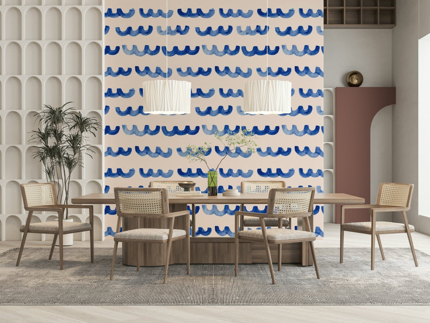 Indigo-toned wave mural with gentle gradients and artistic flow.